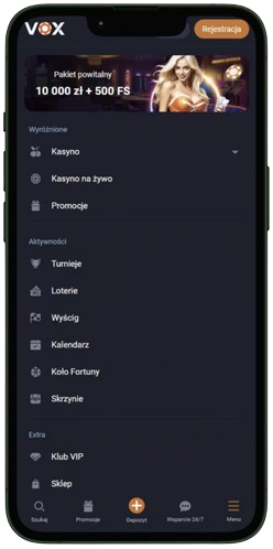 Lista gier w aplikacji Vox Casino